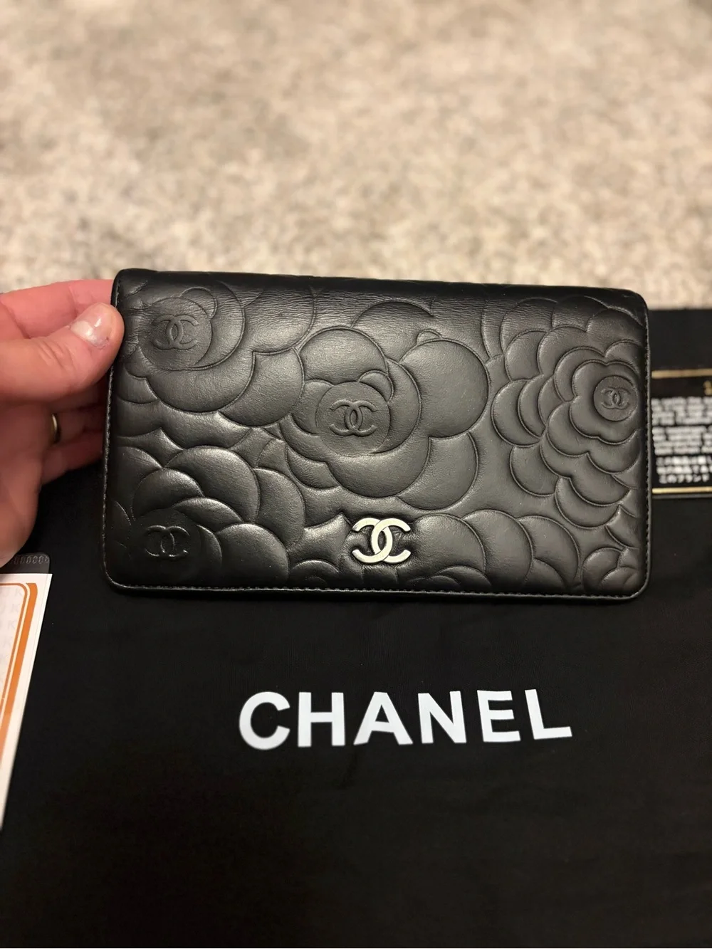 CHANEL Black Quilted Camellia Leather Long Wallet with CC Emblem, VGUC!